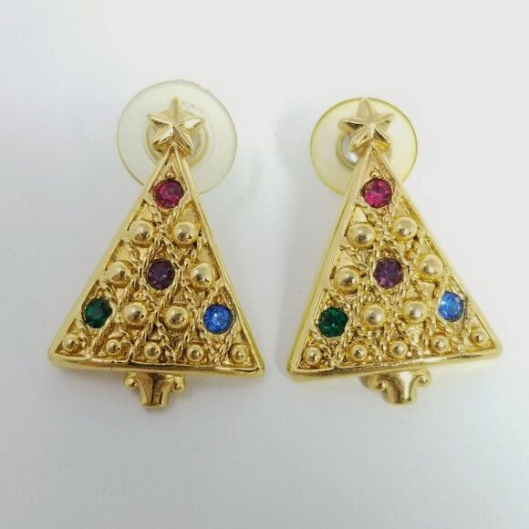 Vintage Christmas Tree Stud Earrings, Gold Tone Colorful Rhinestones, Estate - Picture 5 of 6
